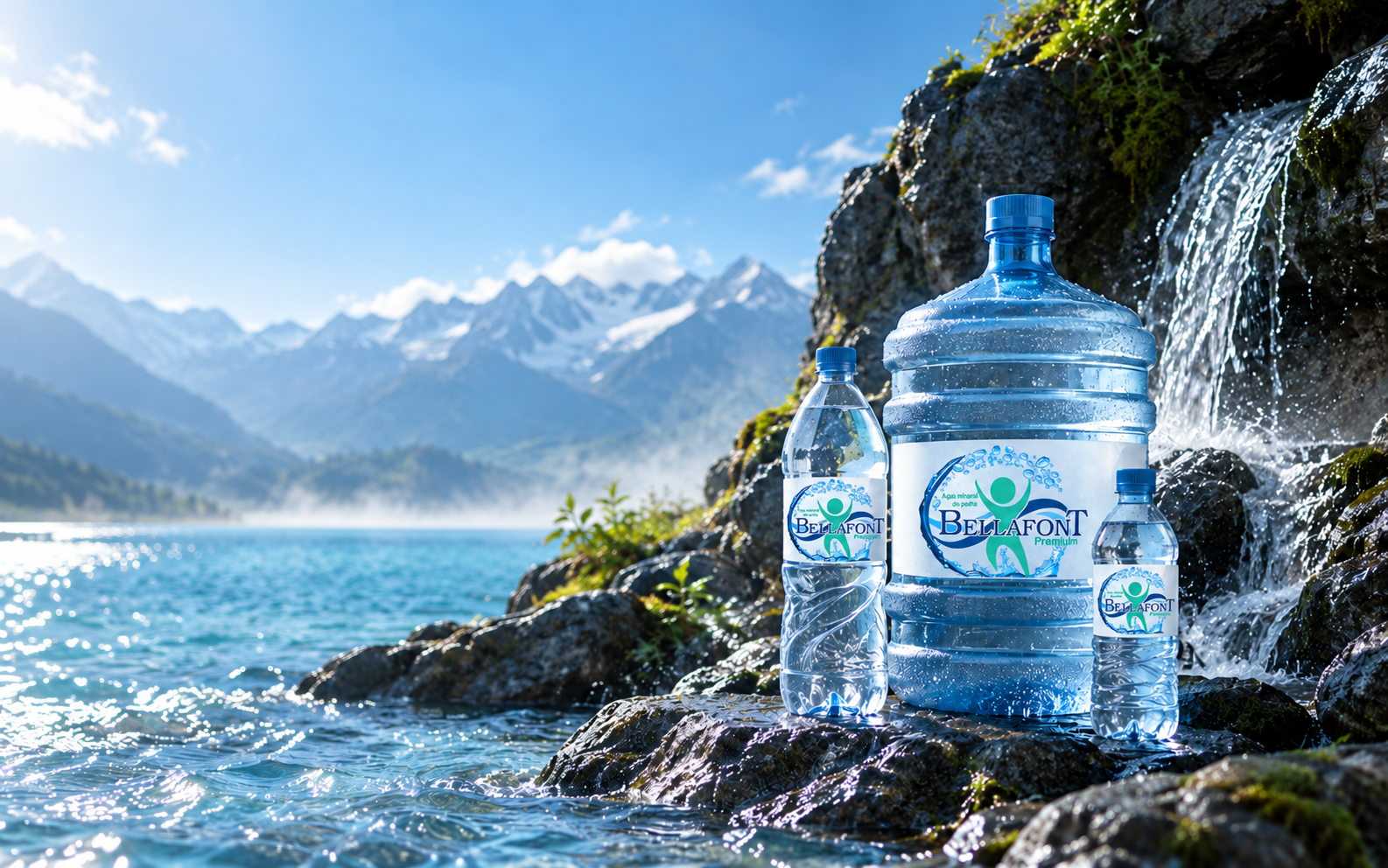 Água mineral entre pedras com garrafas e garrafão transparentes